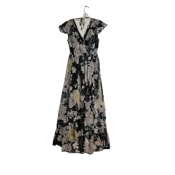 BAND of Gypsies Faux Wrap Dress  Black Floral Chiffon High Low Maxi sz S - Picture 2 of 11